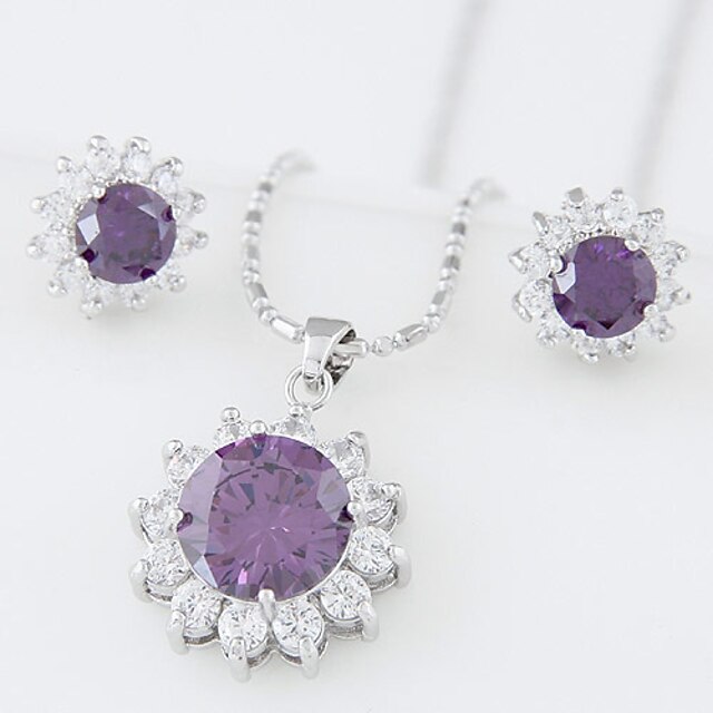  Women's Purple Black Blue Cubic Zirconia Jewelry Set Round Cut Ladies Earrings Jewelry Blue / Burgundy / Champagne For Wedding Party Special Occasion Anniversary Birthday Engagement / Necklace