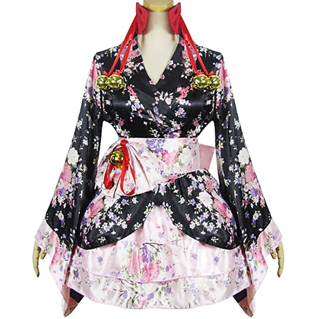  Wa Lolita Traditional Dress Japanese Traditional Kimono Women's Japanese Cosplay Costumes Black / Pink Print Patchwork Long Sleeve Short Length