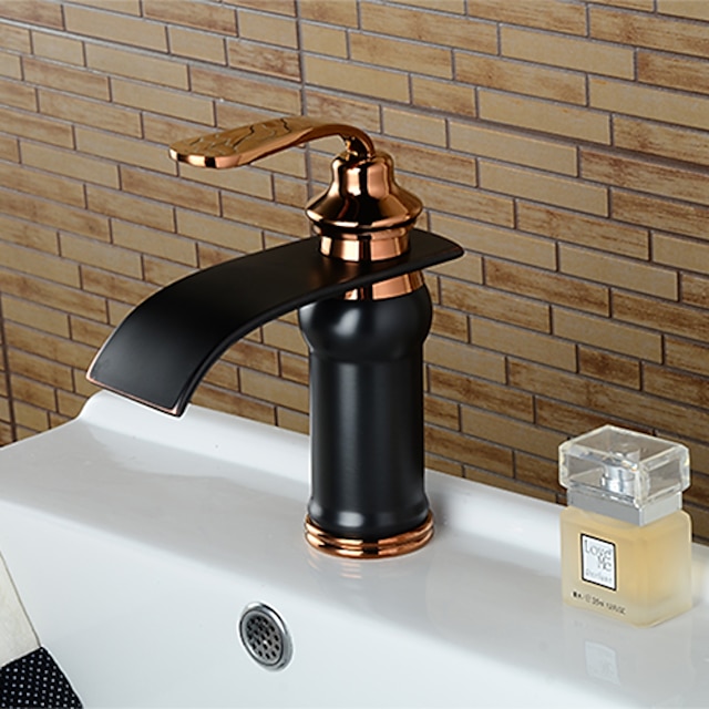  svart & guld badrum diskbänk - vattenfall oljegummi brons utbrett enstaka handtag en holebath kranar / mässing