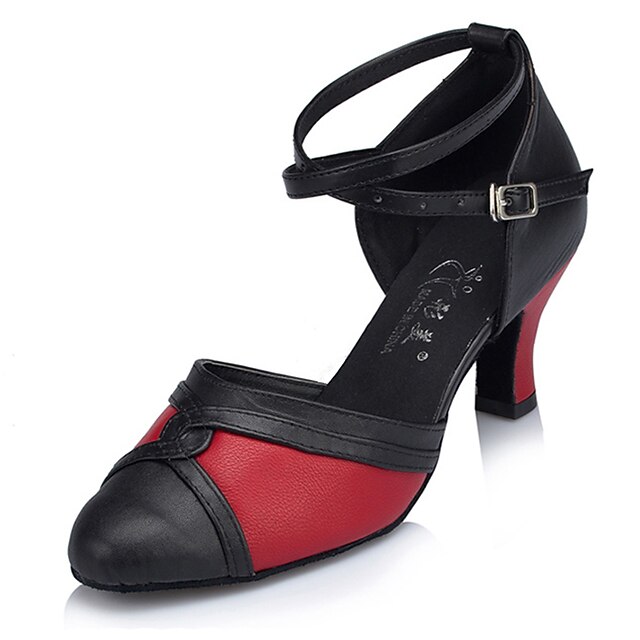  Women's Latin Shoes Leather Heel Buckle Stiletto Heel Customizable Dance Shoes Black and Red / Indoor