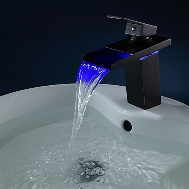  mosiężny kran do umywalki łazienkowej, wodospad przecierany olejem brąz pojedynczy uchwyt jeden otwór przepływ wody ledowe źródło zasilania baterie łazienkowe z uchwytem ze stopu cynku, ceramiczny