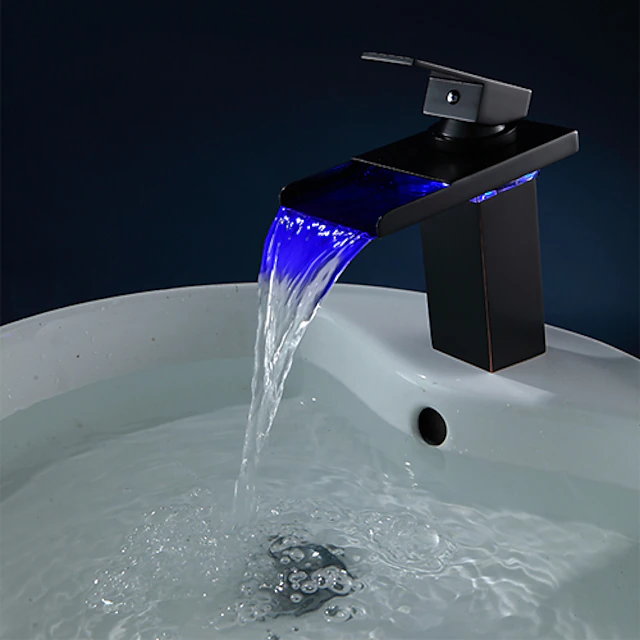Brass Bathroom Sink Faucet,Waterfall Oil-rubbed Bronze Single Handle One Hole Water Flow LED Power Source Bath Taps with Zinc Alloy Handle Material, Ceramic Valve,and Cold/Hot Switch 6