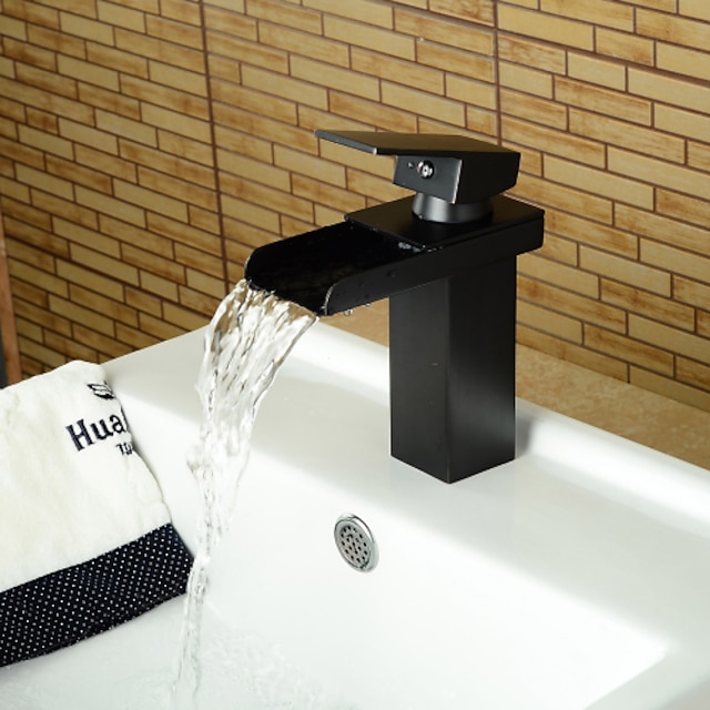  håndvask vandhane, vandfald olie-gnidet bronze centersæt udbredt enkelt håndtag et huls badehaner med varm og kold kontakt