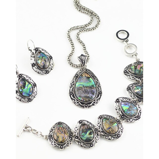  Vintage Antique Silver Man-made Abalone Stone Necklace Earring Bracelet Jewelry Set(1Set)