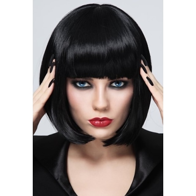  Synthetic Wig Straight Straight Bob With Bangs Wig Short Synthetic Hair Women‘s Black