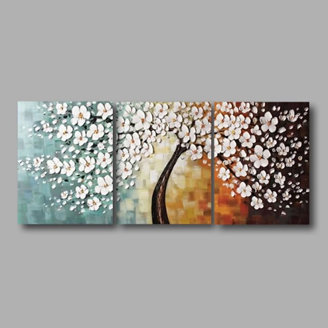  Oil Painting Hand Painted Horizontal Panoramic Floral / Botanical Modern Stretched Canvas / Three Panels