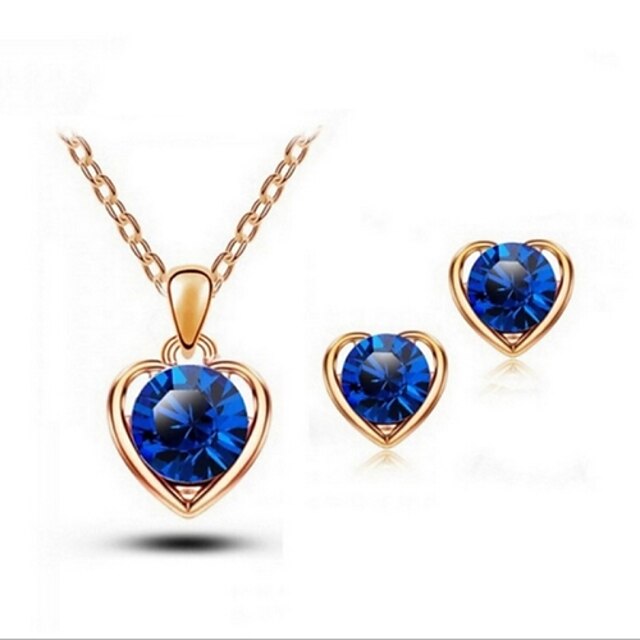  High Quality Crystal Heart Pendant Jewelry Set Necklace Earring Gold Plated (Assorted Color)