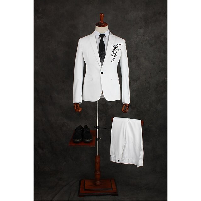  Ivory Solid Colored Tailored Fit Cotton Blend Suit - Slim Peak Single Breasted One-button / Suits