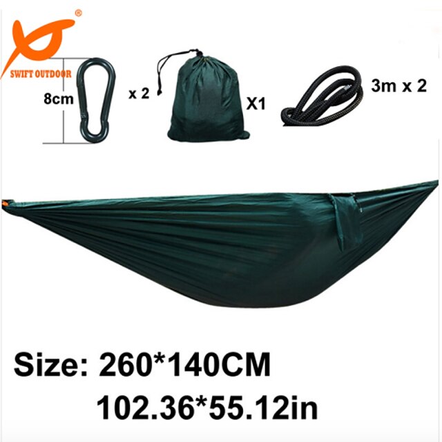  SWIFT Outdoor® Double Lightweight Parachute Hammock Camping Survival 260x140cm With 2 Hooks 2x 3m Nylon Rope