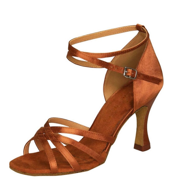  Mulheres Sapatos de Dança Latina Interior Espetáculo Ensaio / Prática Cetim Básico Simples Sandália Cor Única Salto Robusto Fivela Mogno Bronzeado Preto / Couro / Profissional