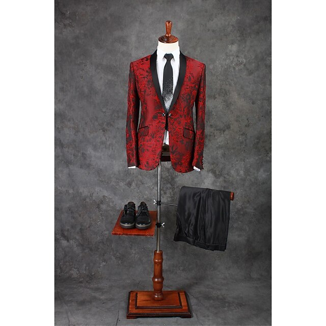  Burgundy Pattern Tailored Fit Polyester Suit - Shawl Collar Single Breasted One-button / Pattern / Print / Suits