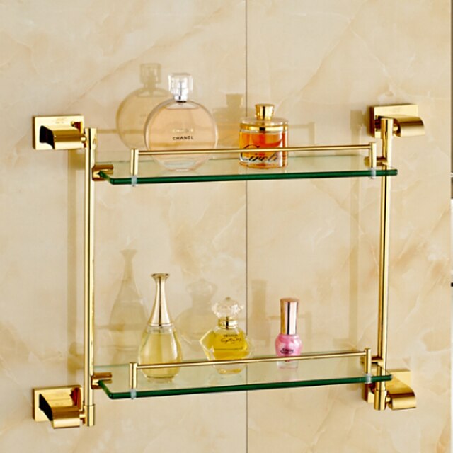  prateleira de banheiro contemporânea de latão e vidro 2 camadas prateleira de armazenamento montada na parede dourada 1 peça