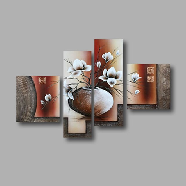  Hang-geschilderd olieverfschilderij Handgeschilderde - Bloemenmotief / Botanisch Modern Inclusief Inner Frame / Vier panelen / Uitgerekt canvas