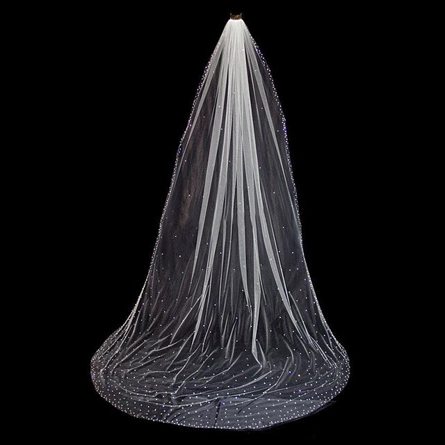  One-tier Beaded Edge الحجاب الزفاف Chapel Veils / Cathedral Veils مع Scattered Crystals Style تول / Angel cut / Waterfall