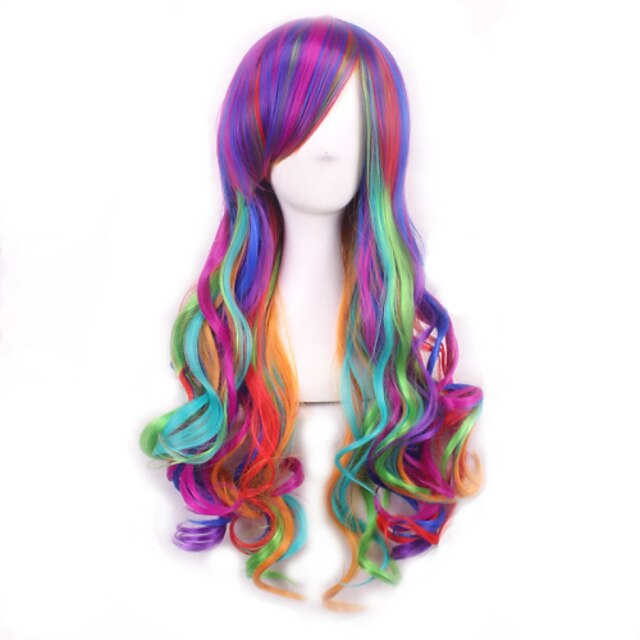  Synthetic Wig Curly Body Wave Body Wave Asymmetrical Wig Long Rainbow Synthetic Hair Women's Natural Hairline Purple