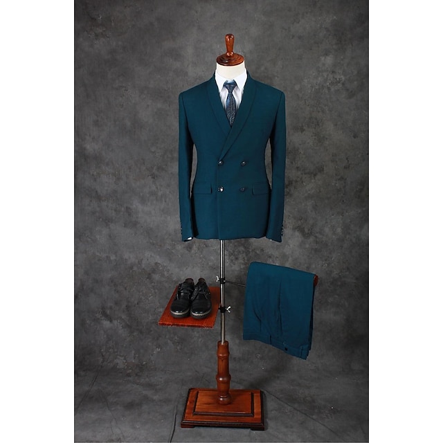  Dunkelgrün Solide Reguläre Passform Baumwollmischung Anzug - Schalrevers Zweireiher - 4 Knöpfe