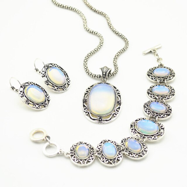  Vintage Antique Silver Natural Opal Transparent Stone Necklace Earring Bracelet Jewelry Set(1Set)