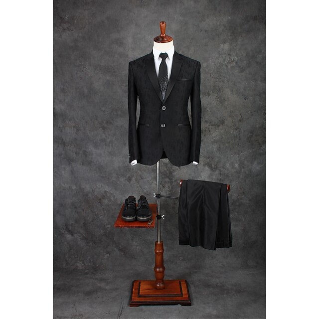  Black Pattern Tailored Fit Cotton Blend Suit - Notch Single Breasted Two-buttons / Suits
