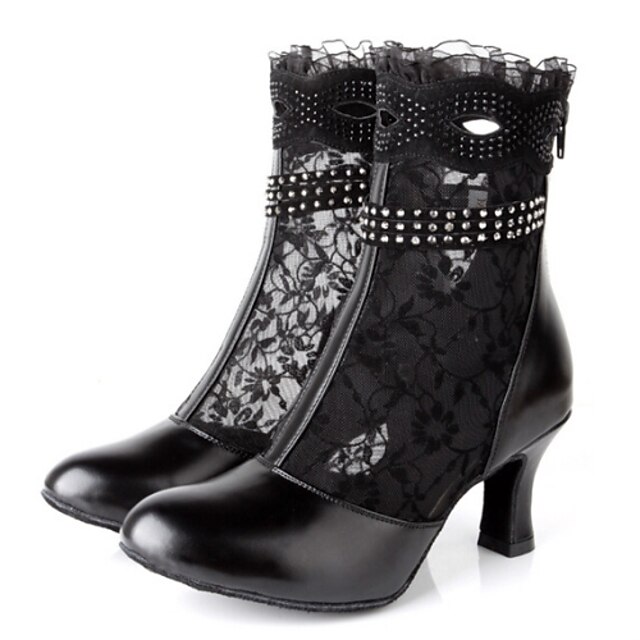  Women's Latin Shoes Boots Stiletto Heel Lace Leather Rhinestone Zipper Black / Indoor