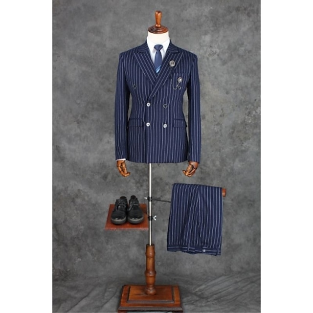  Tintenblau Kariert / Gingham Reguläre Passform Polyester Anzug - Fallendes Revers Zweireiher - 4 Knöpfe / Anzüge