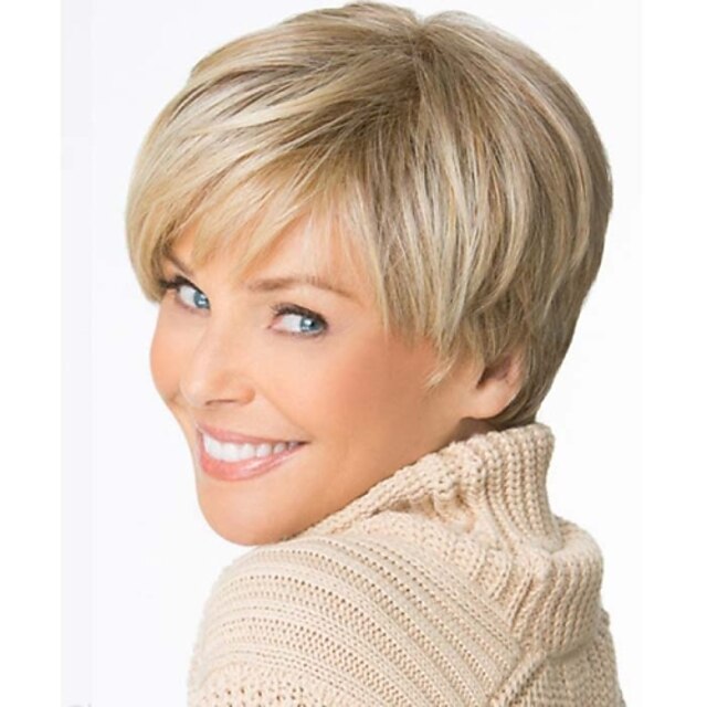 Fashion Old Lady Blonde Color Short Straight Hair Synthetic Wigs
