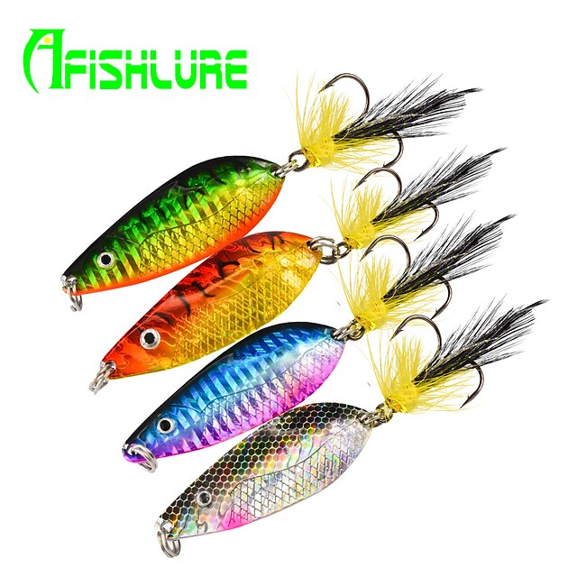  Afishlure New Colorful Painted Long Metal Spoon with Treble Hook and Feather Tails 10g 3/8 Ounce 4pcs/lot 4 Colors