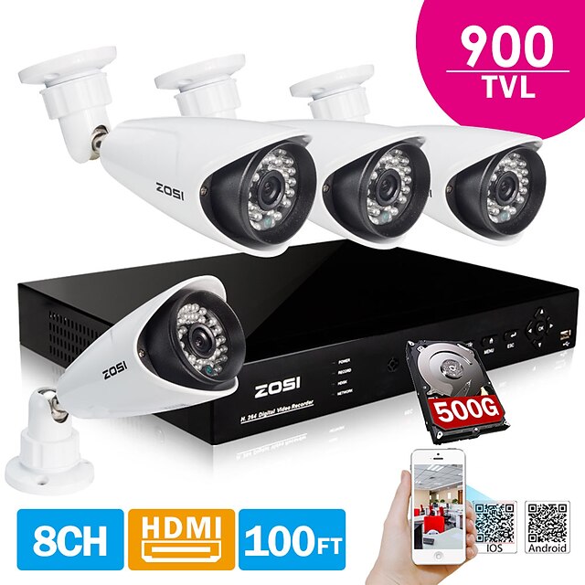  zosi® 900tvl nattesyn 30m 8-kanals hdmi 500GB hdd DVR kits 4x ir skære udendørs CCTV kamera sikkerhedssystem