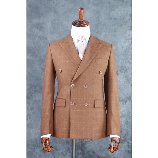  Brown Men's Suits Checkered / Gingham Tailored Fit Double Breasted Four-buttons 2022