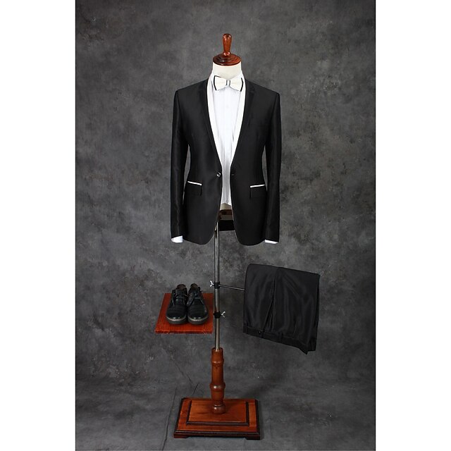  Schwarz Solide Reguläre Passform Baumwollmischung Anzug - Schlankes, fallendes Revers Einreiher - 1 Knopf / Anzüge
