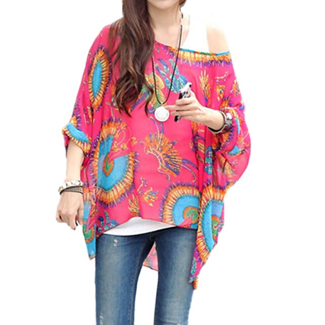  Women's Chiffon Oversize One Shoulder Print Blouse