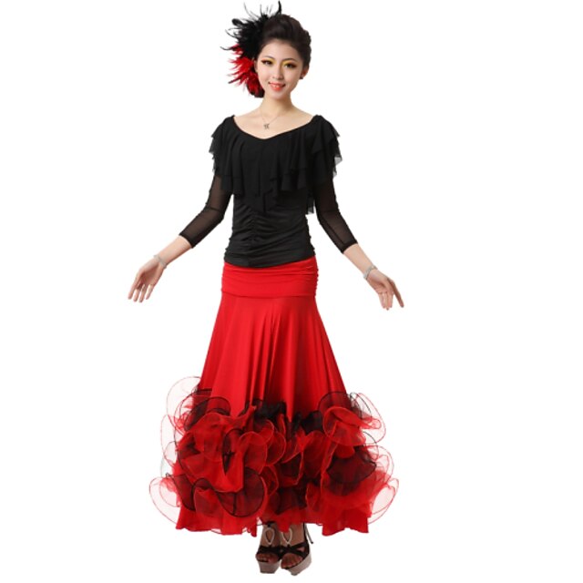  Ballroom Dance Outfits Women's Performance Crepe Silk Draped 2 Pieces Top Skirt