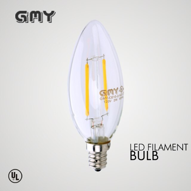  1 pcs GMY E12 2W  LED Filament Light  COB ≥200 LM Warm White CB10 Clear  Decorative Candle Bulbs AC 110-130V 2700K