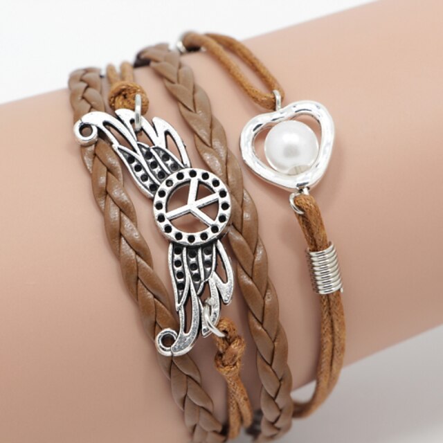  Men's Brown Peace/Pearl Braided/Cord Leather Handmade Multilayer Charm Bracelet Unisex