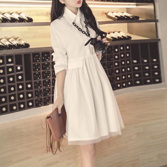  Women's Plus Size Casual / Day Solid Shirt Dress , Shirt Collar Knee-length Cotton / Polyester