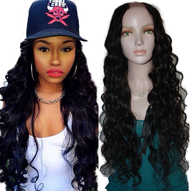 Human Hair Lace Wig Body Wave U Part 100% Hand Tied African American Wig Natural Hairline 130% Density natural black Medium Long