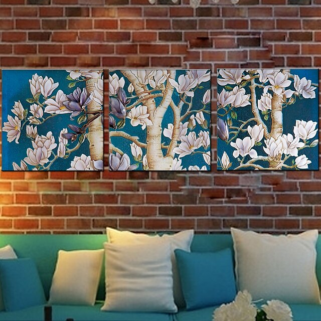  Hand-Painted Floral/Botanical Square Oil Painting Home Decoration Three Panels