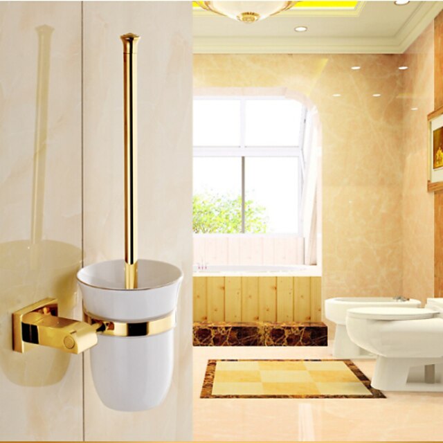  Toilet Brush Holder Set Neoclassical Brass Material Bathroom Accessory Wall Mounted Polished Golden 1pc