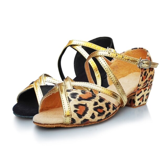  Női Latin cipők Szatén Szandál Alacsony Szabványos méret Dance Shoes Leopárd / Fekete-arany / Otthoni / Teljesítmény / Gyakorlat
