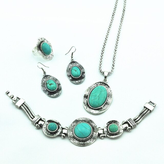  Vintage Look Antique Silver Oval Turquoise Necklace Earring Ring Bracelet Jewelry Set(1Set)