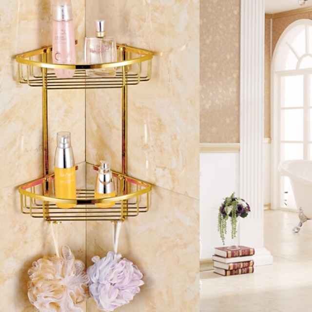  Shower Caddy Double-deck Brass Material Triangular Storage Basket for Bathroom with 2 Hooks Polished Bath Corner Shelf Gold 1pc