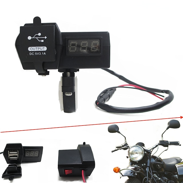  12v-24v double chargeur USB étanche de voiture de moto avec un voltmètre numérique conduit guidon montage