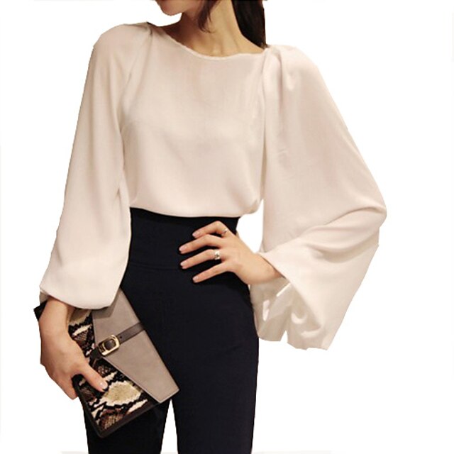  Women's Solid White Blouse/Shirt,Work Round Neck Long Sleeve 