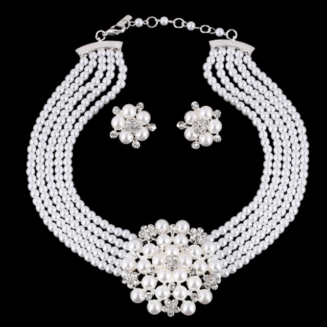  Women's Pearl Jewelry Set Earrings Bracelet Layered Flower Ladies Luxury Elegant Fashion European Birthstones Imitation Pearl Silver Plated Earrings Jewelry White / Necklace & Earrings & Tiara