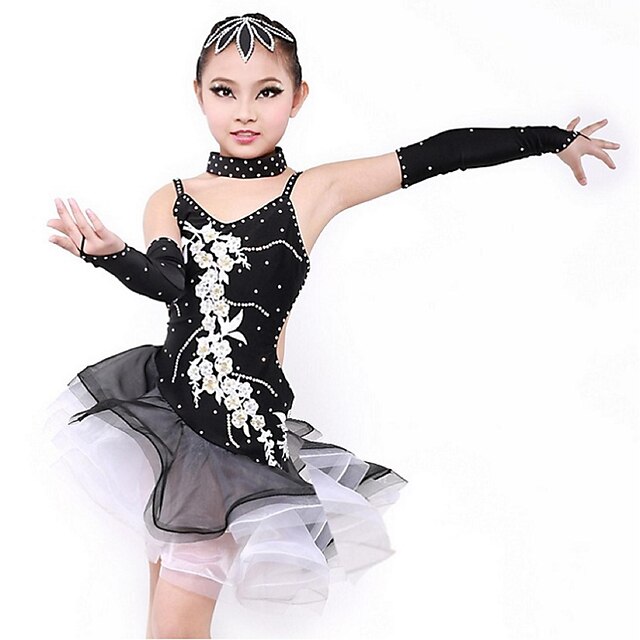  Latin Dance Dresses Children's Performance Spandex Pleated 1 Piece Black