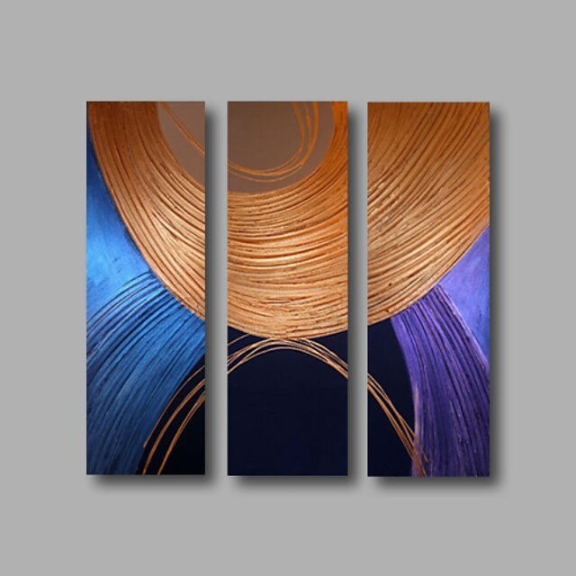  Ready to Hang Stretched Framed Hand-Painted Oil Painting Three Panels Canvas Wall Art Modern Blue Brown