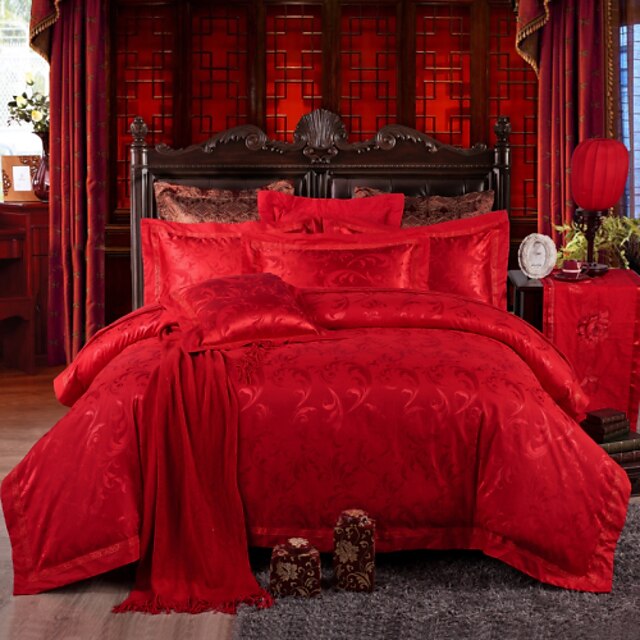  Duvet Cover Sets Chinese Red Silk / Cotton Blend Jacquard 4 Piece Bedding Sets queen