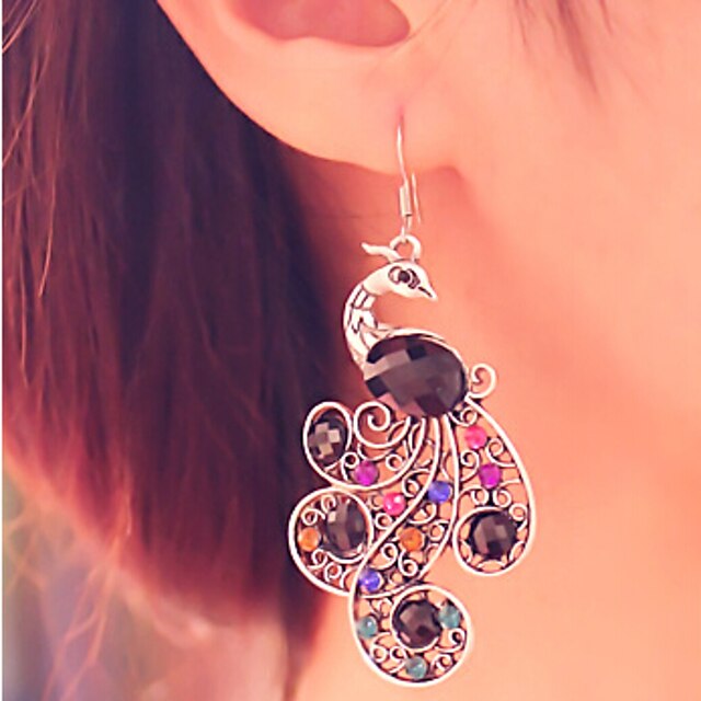  Femme Boucle d'Oreille Pendantes Creux Paon Européen Coloré Gemme Imitation Diamant Des boucles d'oreilles Bijoux Écran couleur Pour