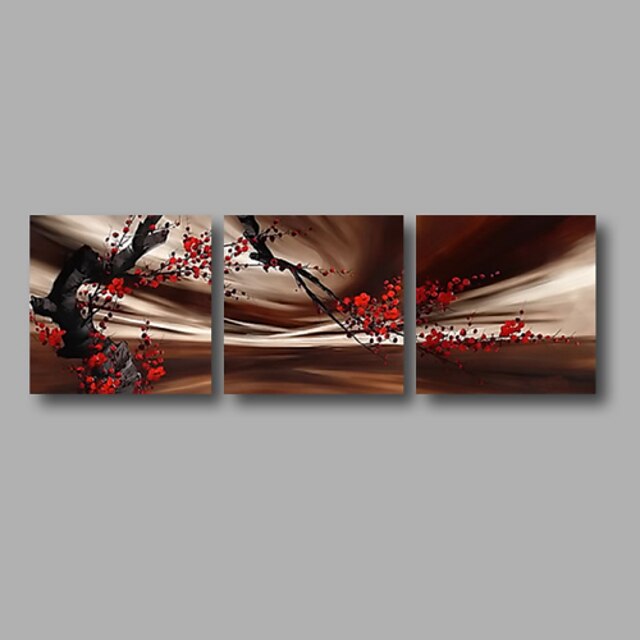  Hang festett olajfestmény Kézzel festett - Virágos / Botanikus Modern Tartalmazza belső keret / Három elem / Nyújtott vászon