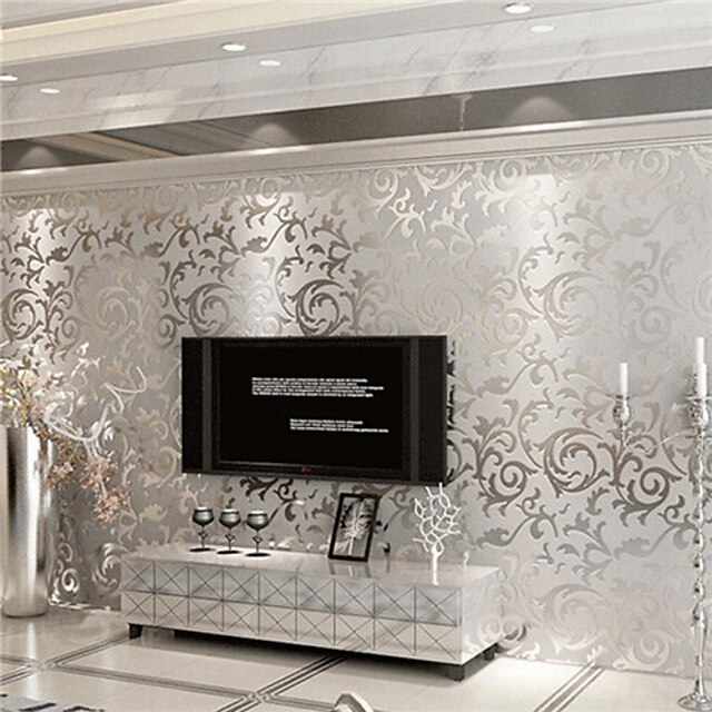 Tapeta w kwiaty srebrno-biała szara brokatowa wiktoriańska tłoczona okładka ścienna luksusowa 100 * 53 cm