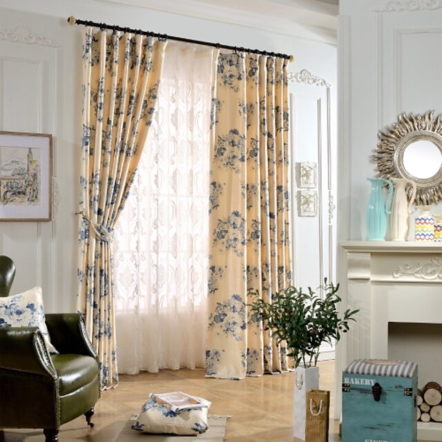 (One Panel)Polyester Cotton Ink Painting Blue Flowers Soft Flocking Print Blackout Lined Curtain